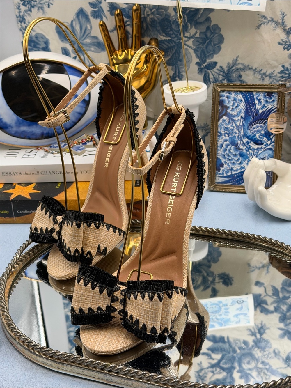 🆕 KG KURT GEIGER 🧿 NWOB Robbie Bow-Embellished Raffia High Heel, Sz 37 US 7 - Picture 6 of 15